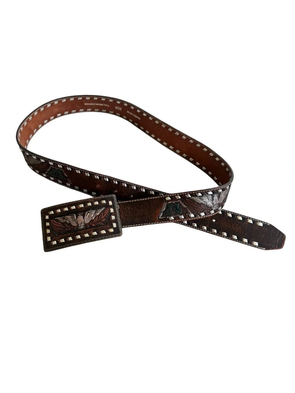 Fossil Western Leather Belt & Buckle Mens 38 EAGLE Tooled MB5804 Cowhide MotoFos